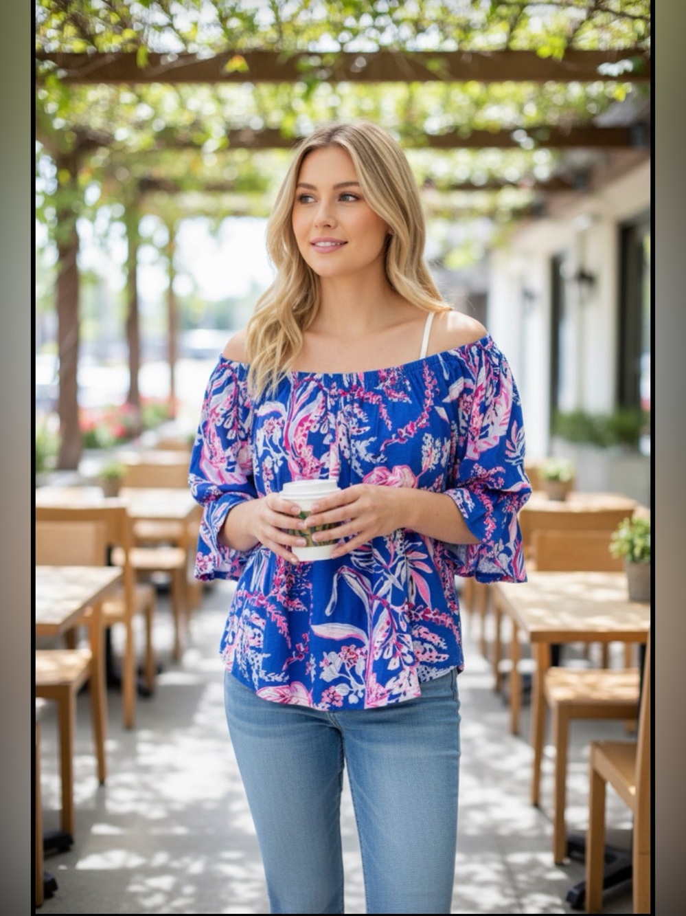 Lilly Pulitzer Blue Floral Off-Shoulder Women’s Top - Pink & White Print